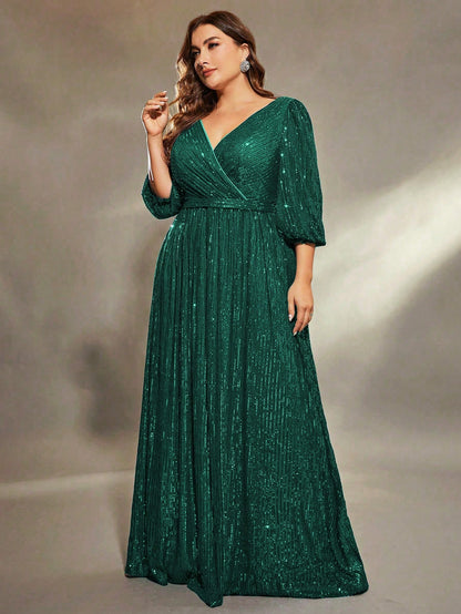 Plus Size Women Solid Color V-Neck Long Sleeve A-Line Pleated Dress With Sequins Formal Evening Gown