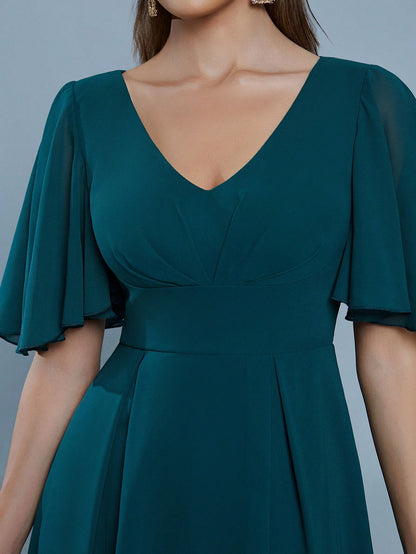 New V-Neck Elegant Bridesmaid Dress With Pleated Ruffle Sleeves And Chiffon Puff Skirt