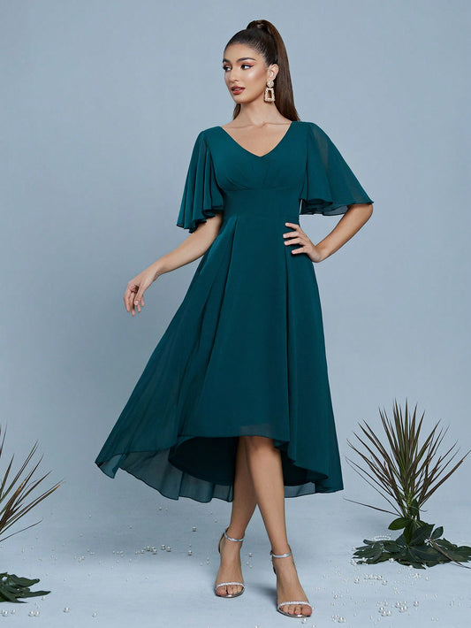New V-Neck Elegant Bridesmaid Dress With Pleated Ruffle Sleeves And Chiffon Puff Skirt