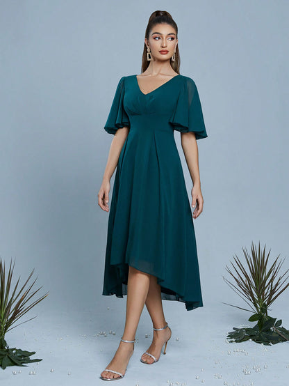 New V-Neck Elegant Bridesmaid Dress With Pleated Ruffle Sleeves And Chiffon Puff Skirt
