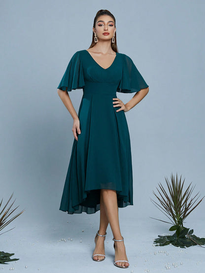 New V-Neck Elegant Bridesmaid Dress With Pleated Ruffle Sleeves And Chiffon Puff Skirt