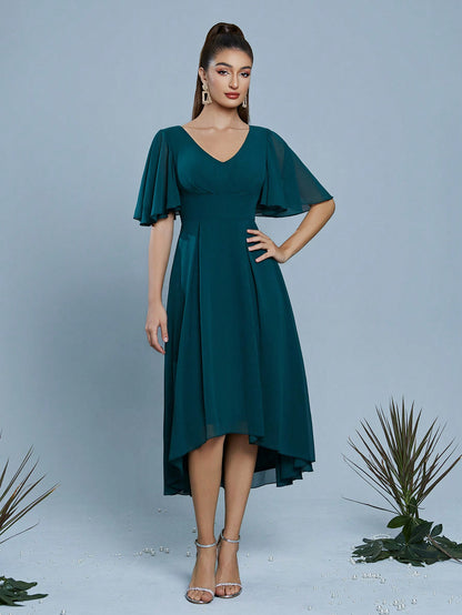 New V-Neck Elegant Bridesmaid Dress With Pleated Ruffle Sleeves And Chiffon Puff Skirt