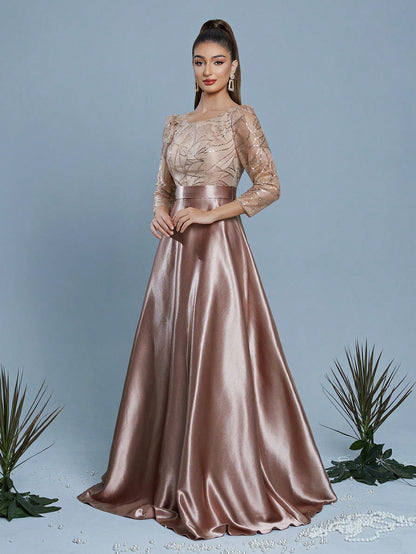 New Elegant Embroidered Sequin 3/4 Sleeve Bridesmaid Dress