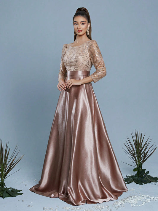 New Elegant Embroidered Sequin 3/4 Sleeve Bridesmaid Dress