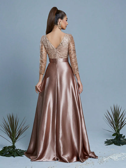 New Elegant Embroidered Sequin 3/4 Sleeve Bridesmaid Dress