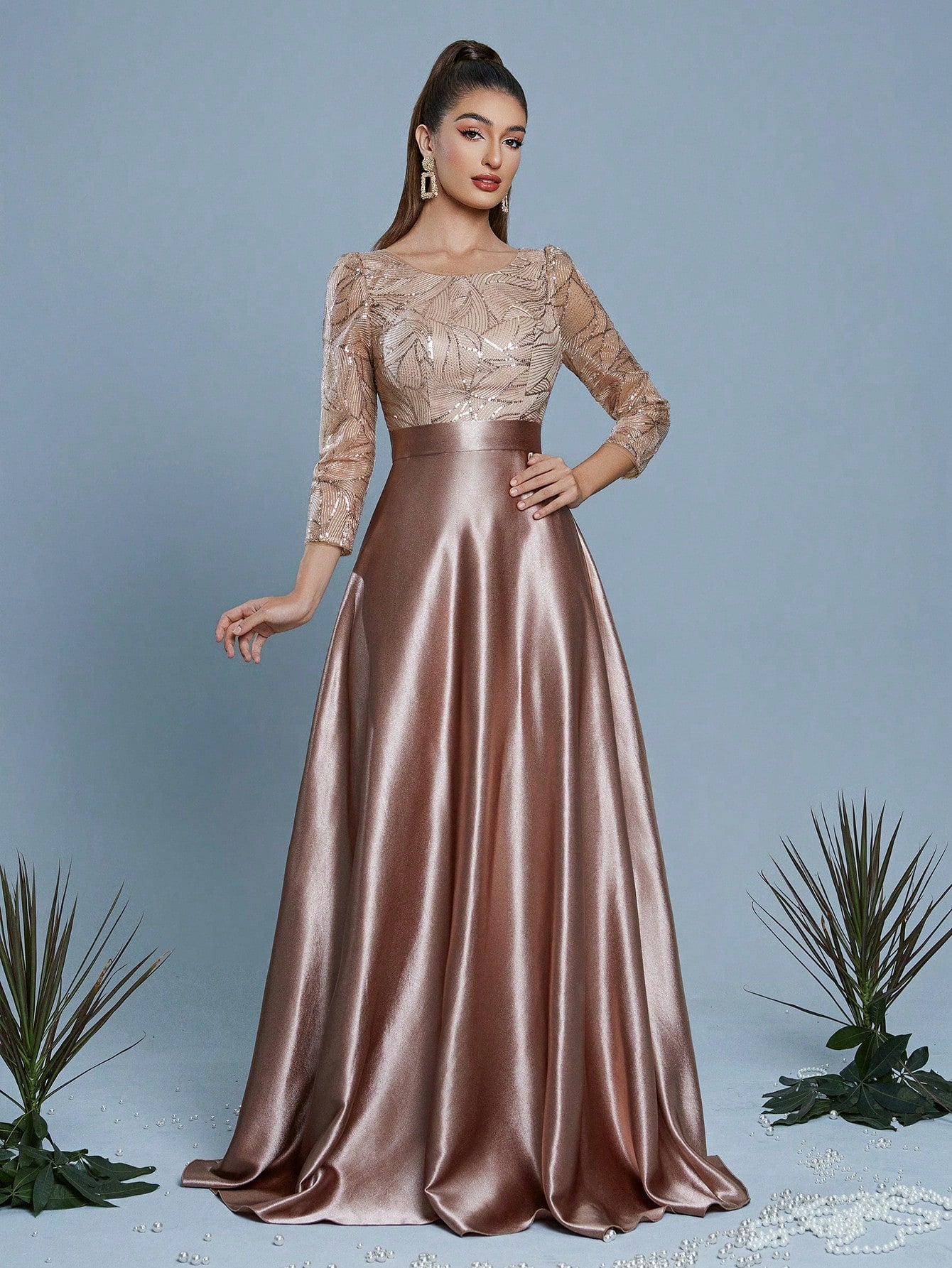 New Elegant Embroidered Sequin 3/4 Sleeve Bridesmaid Dress
