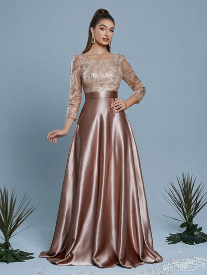New Elegant Embroidered Sequin 3/4 Sleeve Bridesmaid Dress
