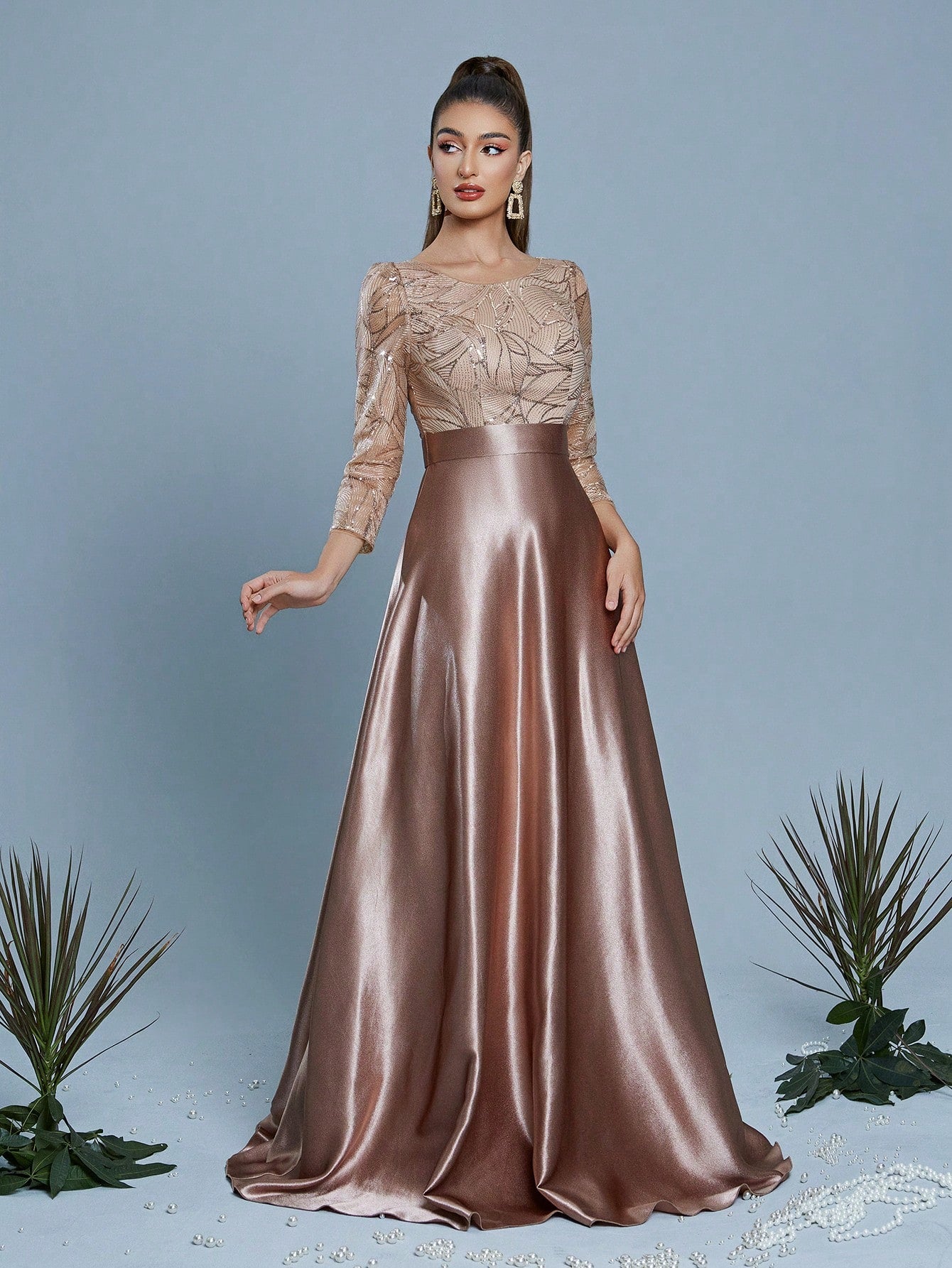 New Elegant Embroidered Sequin 3/4 Sleeve Bridesmaid Dress