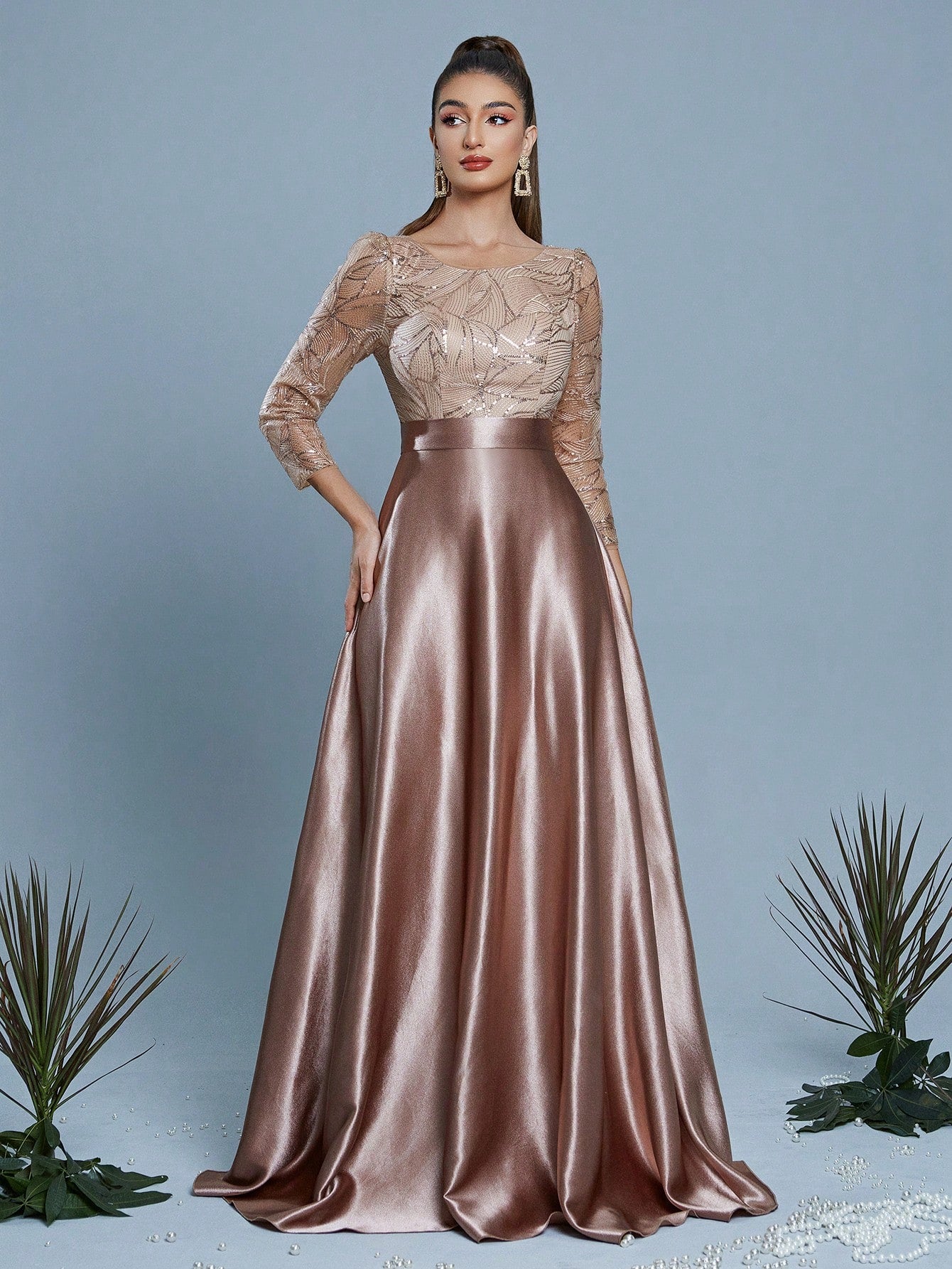 New Elegant Embroidered Sequin 3/4 Sleeve Bridesmaid Dress
