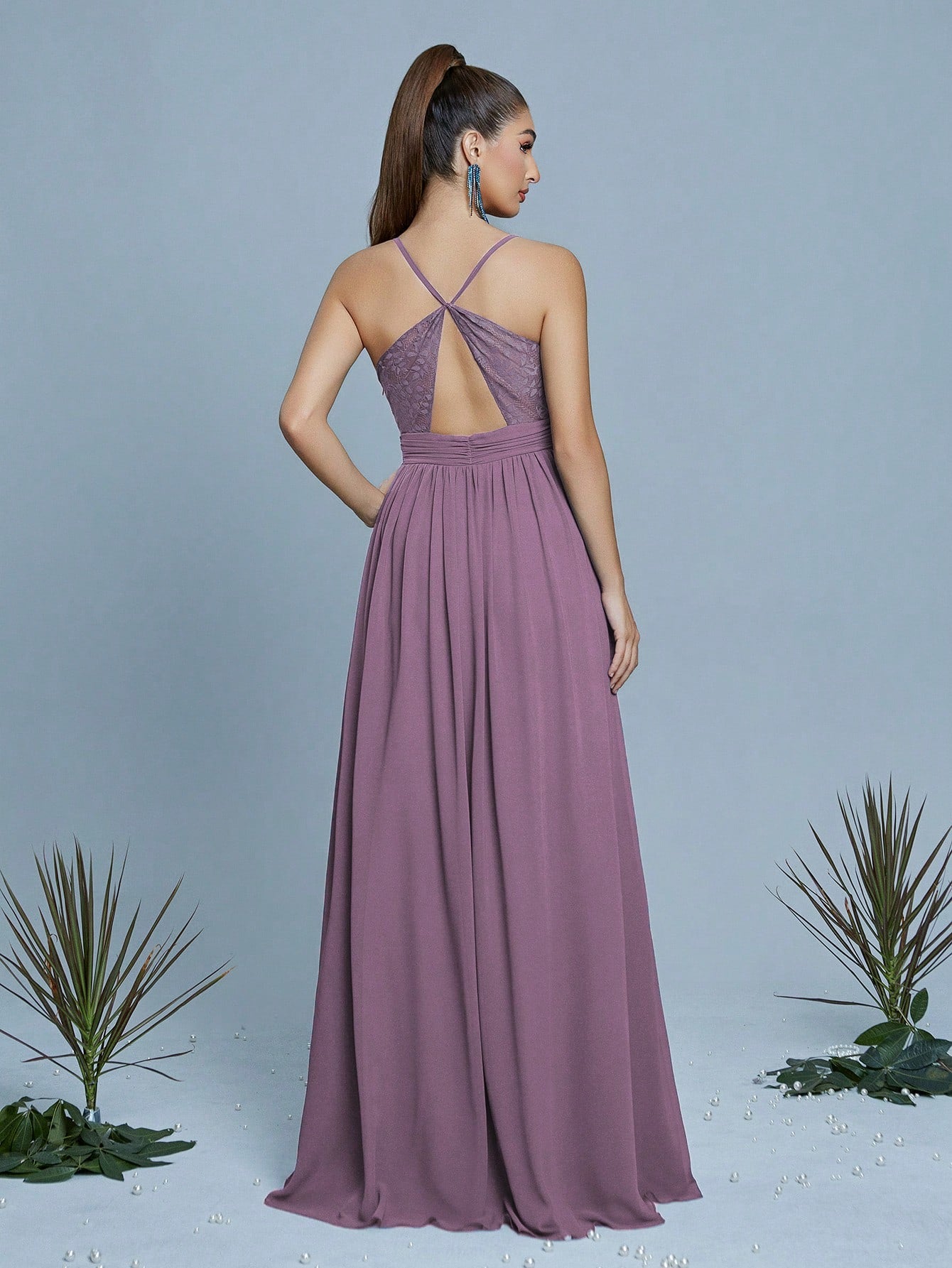 Contrast Lace Twist Backless Chiffon Bridesmaid Dress Elegant Dress, For Valentine's Day Wedding Spring