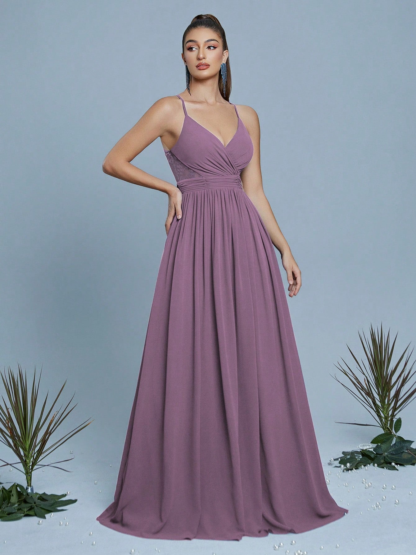 Contrast Lace Twist Backless Chiffon Bridesmaid Dress Elegant Dress, For Valentine's Day Wedding Spring