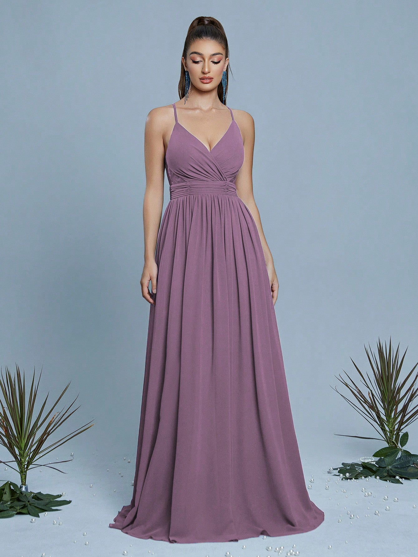 Contrast Lace Twist Backless Chiffon Bridesmaid Dress Elegant Dress, For Valentine's Day Wedding Spring