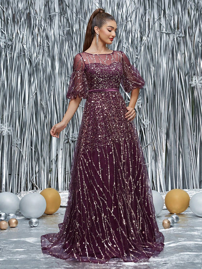 Round Neck Half-See-Through Glitter Puff Sleeve Dress Elegant Prom Semi Formal Wedding Guest Dress, For Birthday, Graduation, Homecoming Party Dress