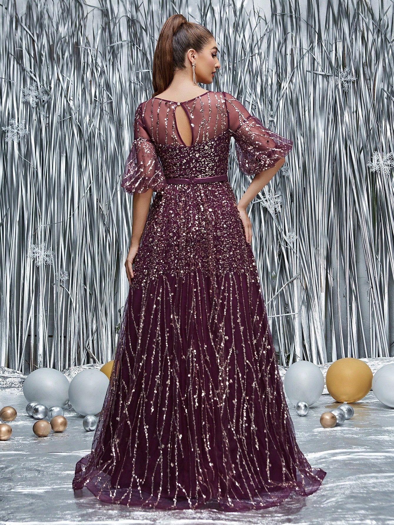 Round Neck Half-See-Through Glitter Puff Sleeve Dress Elegant Prom Semi Formal Wedding Guest Dress, For Birthday, Graduation, Homecoming Party Dress