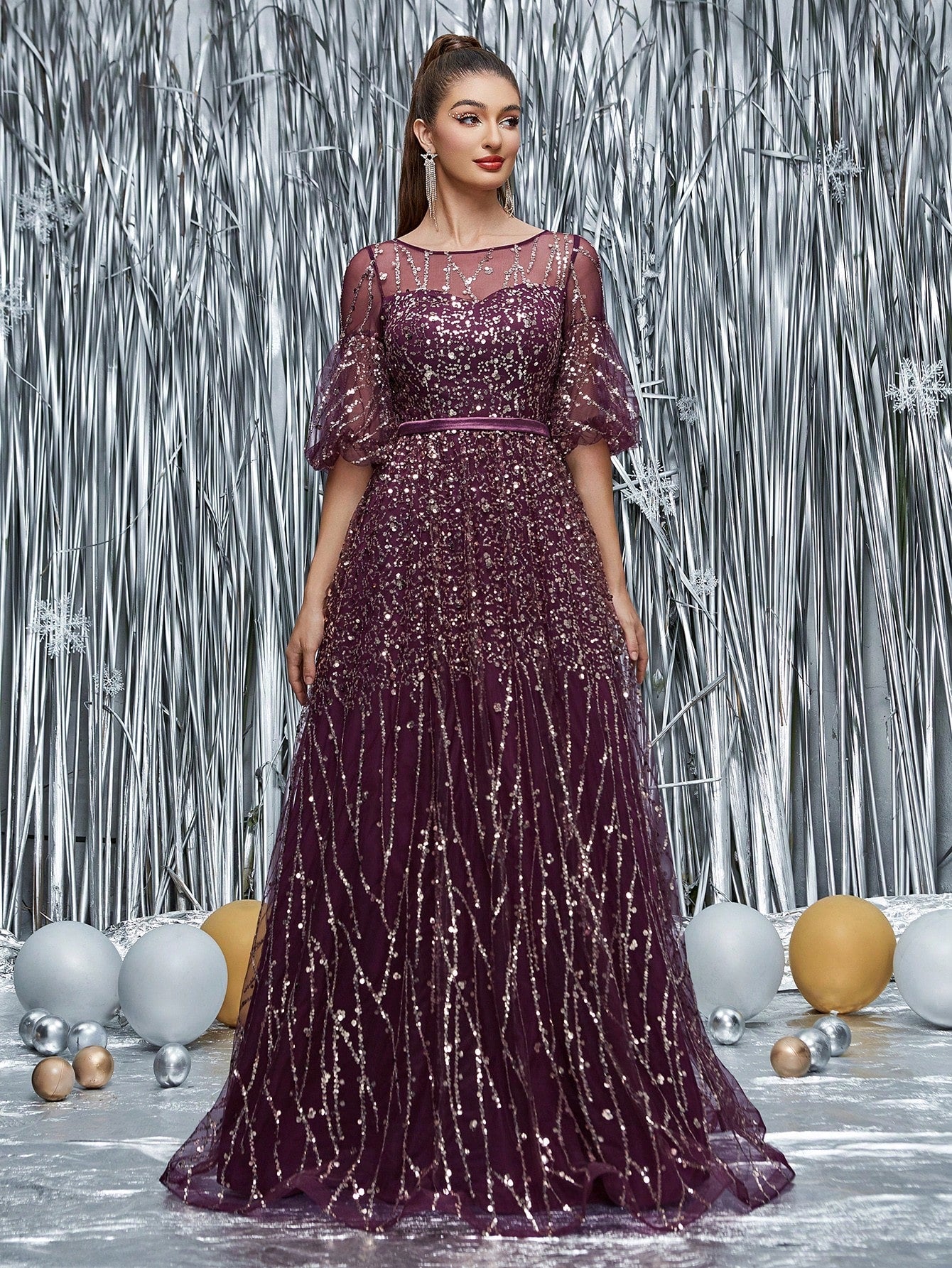 Round Neck Half-See-Through Glitter Puff Sleeve Dress Elegant Prom Semi Formal Wedding Guest Dress, For Birthday, Graduation, Homecoming Party Dress