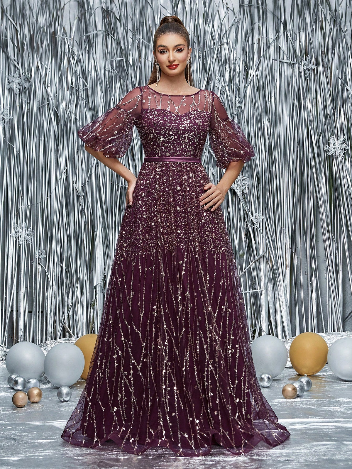 Round Neck Half-See-Through Glitter Puff Sleeve Dress Elegant Prom Semi Formal Wedding Guest Dress, For Birthday, Graduation, Homecoming Party Dress