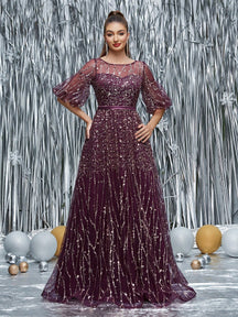 Round Neck Half-See-Through Glitter Puff Sleeve Dress Elegant Prom Semi Formal Wedding Guest Dress, For Birthday, Graduation, Homecoming Party Dress