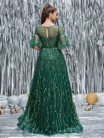 Round Neck Half-See-Through Glitter Puff Sleeve Dress Elegant Prom Semi Formal Wedding Guest Dress, For Birthday, Graduation, Homecoming Party Dress