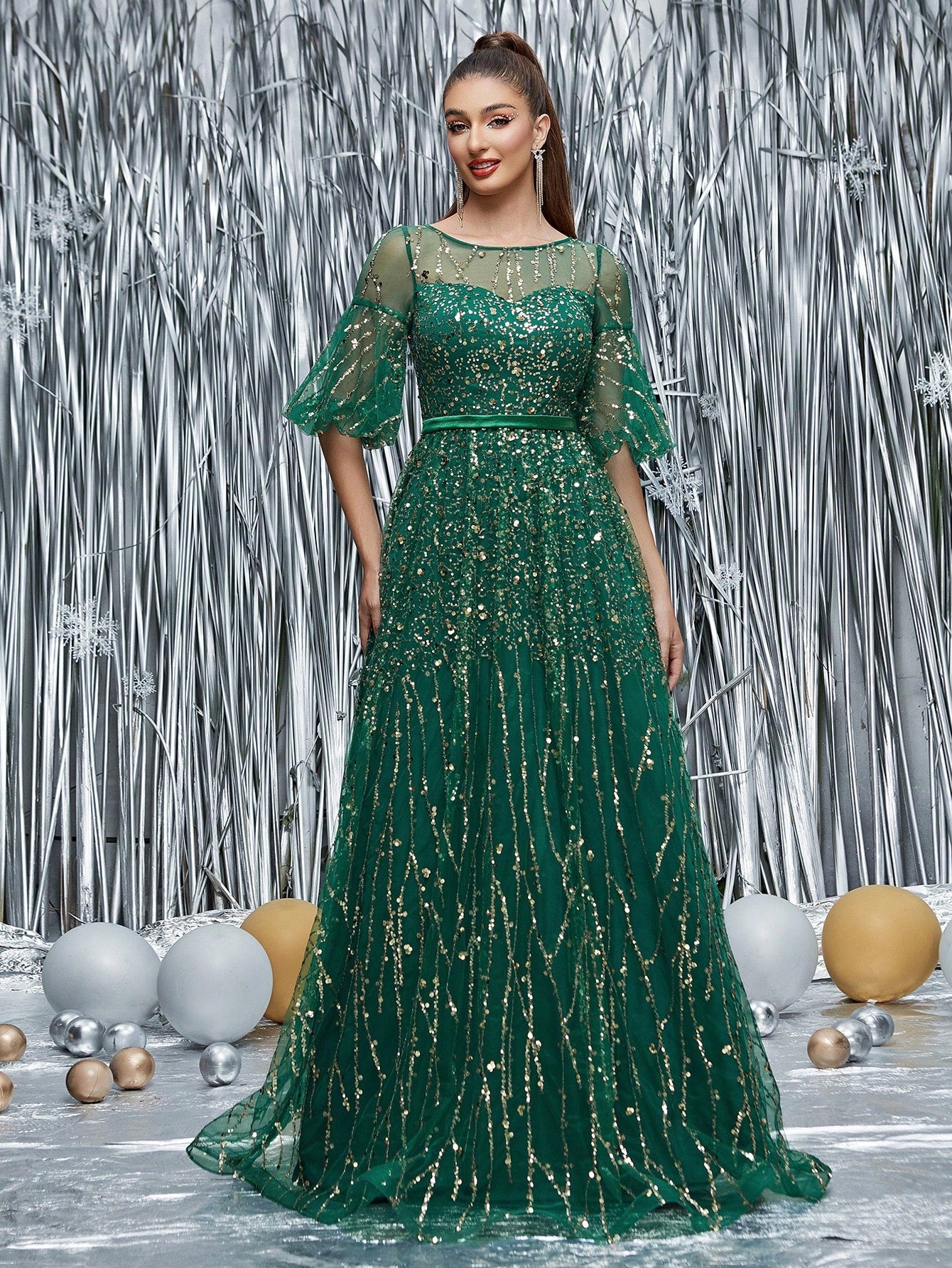 Round Neck Half-See-Through Glitter Puff Sleeve Dress Elegant Prom Semi Formal Wedding Guest Dress, For Birthday, Graduation, Homecoming Party Dress