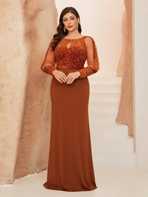Plus Size Women's Shiny Mesh Evening Gown, Sequin Mermaid Style, Suitable For Wedding Guests, Formal Occasions