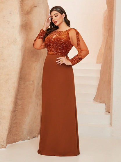 Plus Size Women's Shiny Mesh Evening Gown, Sequin Mermaid Style, Suitable For Wedding Guests, Formal Occasions
