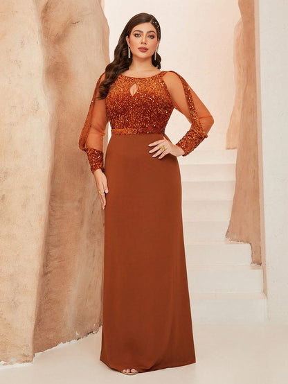 Plus Size Women's Shiny Mesh Evening Gown, Sequin Mermaid Style, Suitable For Wedding Guests, Formal Occasions