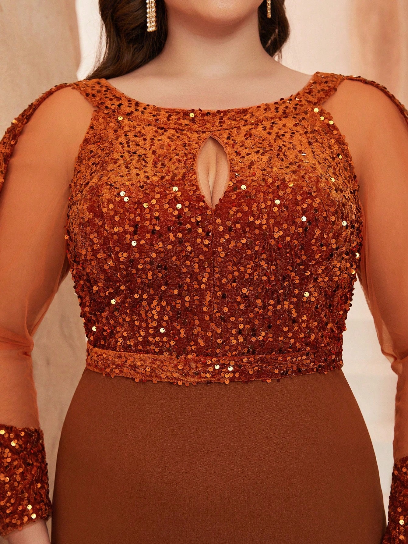 Plus Size Women's Shiny Mesh Evening Gown, Sequin Mermaid Style, Suitable For Wedding Guests, Formal Occasions