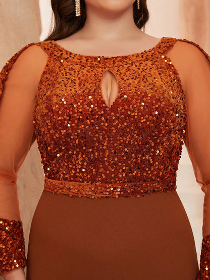 Plus Size Women's Shiny Mesh Evening Gown, Sequin Mermaid Style, Suitable For Wedding Guests, Formal Occasions