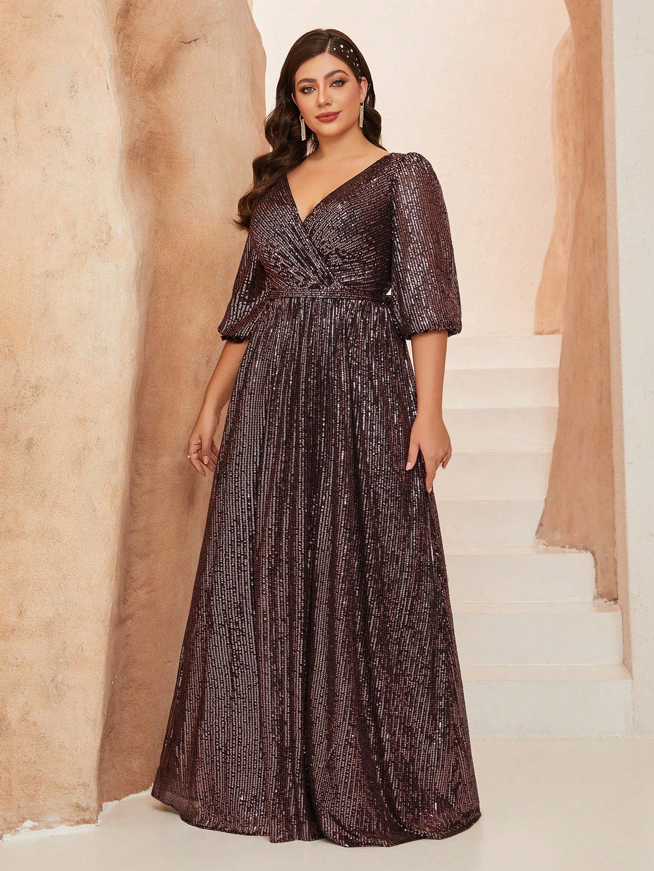 Plus Size Women's Solid Color V-Neck Long Sleeve A-Line Pleated Skirt With Sequins Formal Evening Gown Wedding