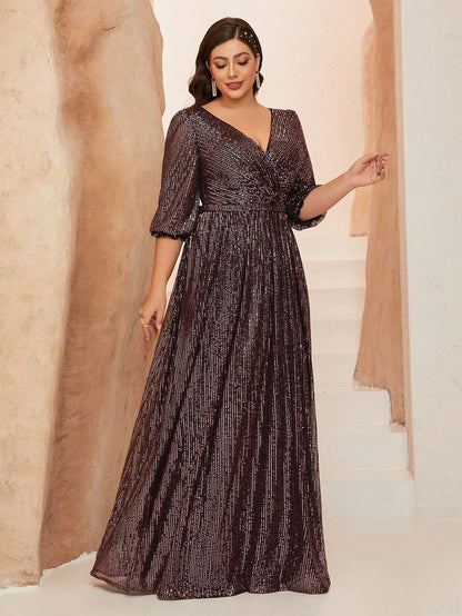 Plus Size Women's Solid Color V-Neck Long Sleeve A-Line Pleated Skirt With Sequins Formal Evening Gown Wedding