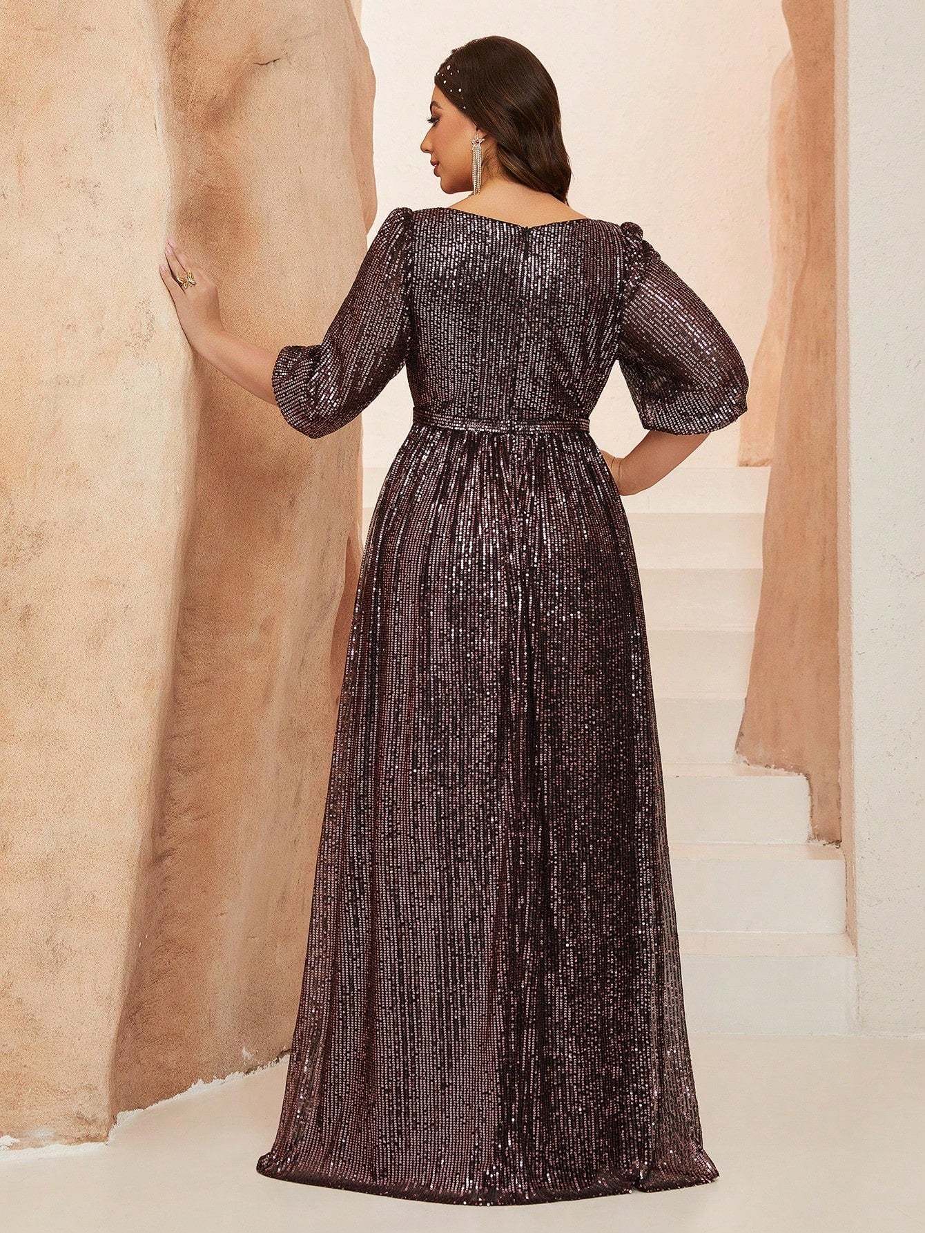 Plus Size Women's Solid Color V-Neck Long Sleeve A-Line Pleated Skirt With Sequins Formal Evening Gown Wedding