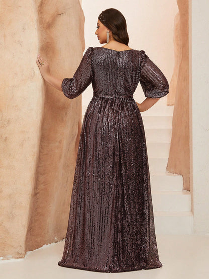 Plus Size Women Solid Color V-Neck Long Sleeve A-Line Pleated Dress With Sequins Formal Evening Gown