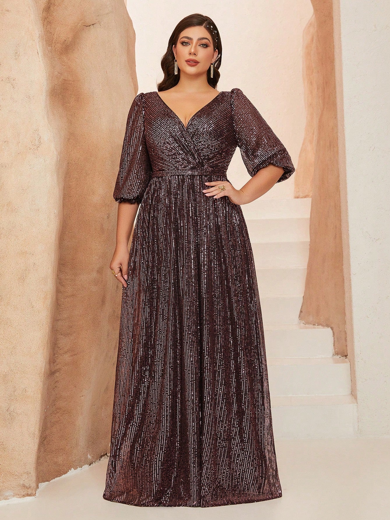 Plus Size Women's Solid Color V-Neck Long Sleeve A-Line Pleated Skirt With Sequins Formal Evening Gown Wedding