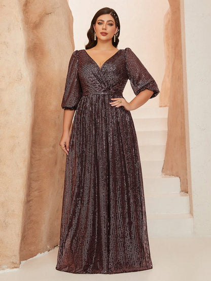Plus Size Women Solid Color V-Neck Long Sleeve A-Line Pleated Dress With Sequins Formal Evening Gown