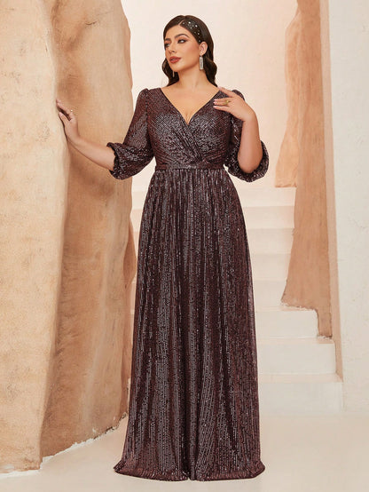 Plus Size Women's Solid Color V-Neck Long Sleeve A-Line Pleated Skirt With Sequins Formal Evening Gown Wedding
