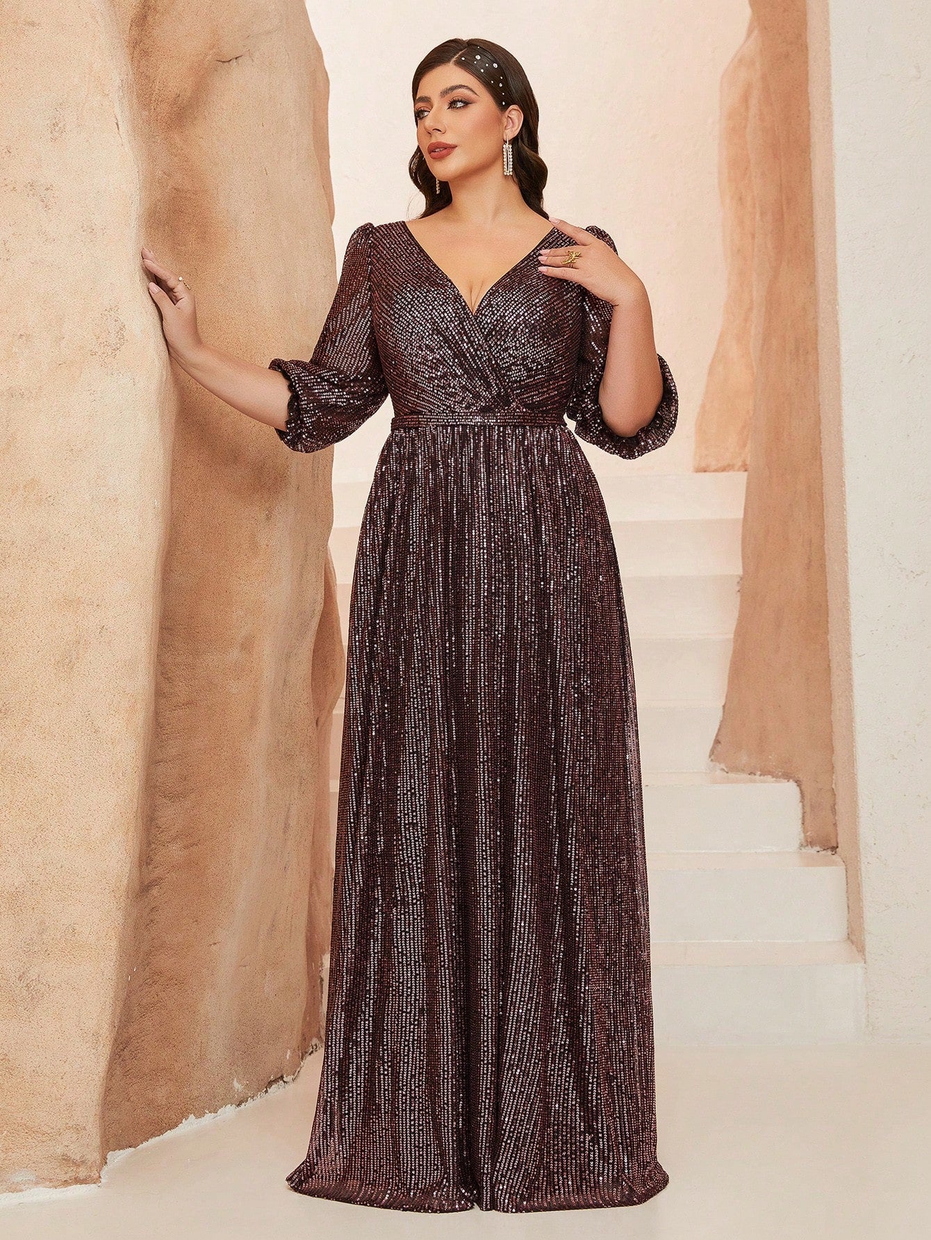 Plus Size Women Solid Color V-Neck Long Sleeve A-Line Pleated Dress With Sequins Formal Evening Gown