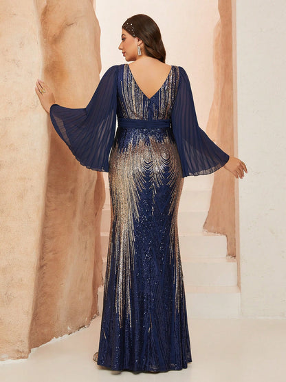 Plus Size V-Neck Sunflower Print Sequin Detail Fitted Mermaid Chiffon Long Sleeve Dress, Party Dress, Wedding Guest Dress, Prom Dress Spring Vacation