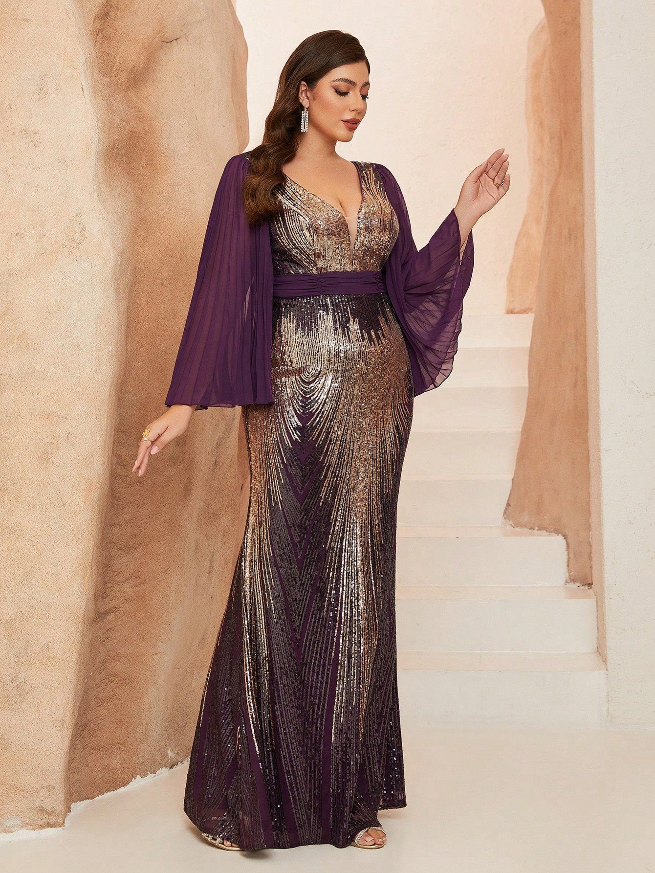Plus Size V-Neck Sunflower Print Sequin Detail Fitted Mermaid Chiffon Long Sleeve Dress, Party Dress, Wedding Guest Dress, Prom Dress Spring Vacation