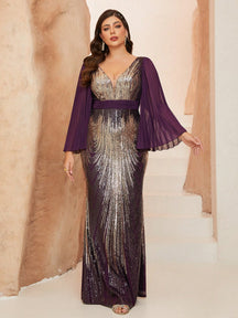 Plus Size V-Neck Sunflower Print Sequin Detail Fitted Mermaid Chiffon Long Sleeve Dress, Party Dress, Wedding Guest Dress, Prom Dress Spring Vacation