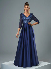 V-Neck Embroidered Lace Mid-Length Sleeve Contrast-Painted Satin Decorative Buttoned Wide-Legged Dress
