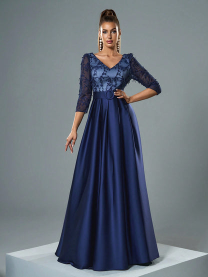 V-Neck Embroidered Lace Mid-Length Sleeve Contrast-Painted Satin Decorative Buttoned Wide-Legged Dress