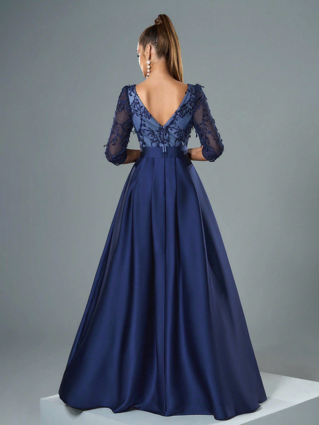 V-Neck Embroidered Lace Mid-Length Sleeve Contrast-Painted Satin Decorative Buttoned Wide-Legged Dress
