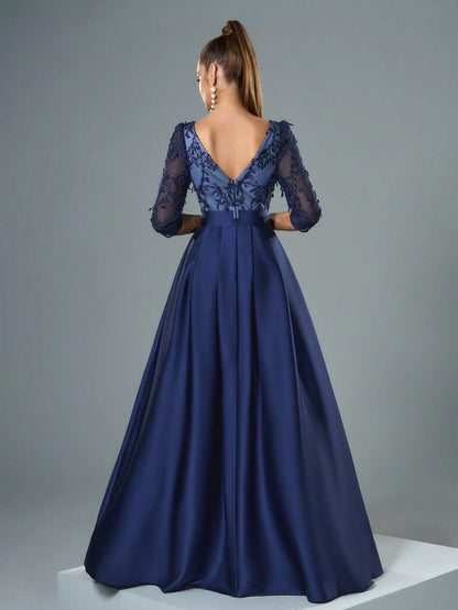 V-Neck Embroidered Lace Mid-Length Sleeve Contrast-Painted Satin Decorative Buttoned Wide-Legged Dress