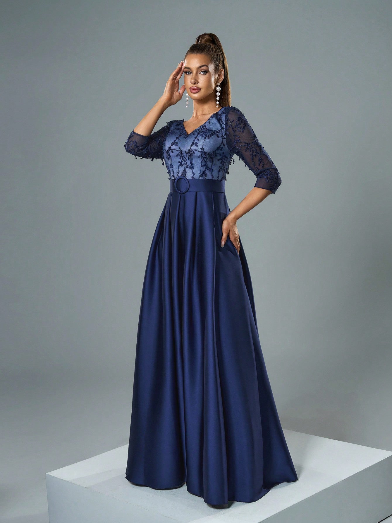 V-Neck Embroidered Lace Mid-Length Sleeve Contrast-Painted Satin Decorative Buttoned Wide-Legged Dress