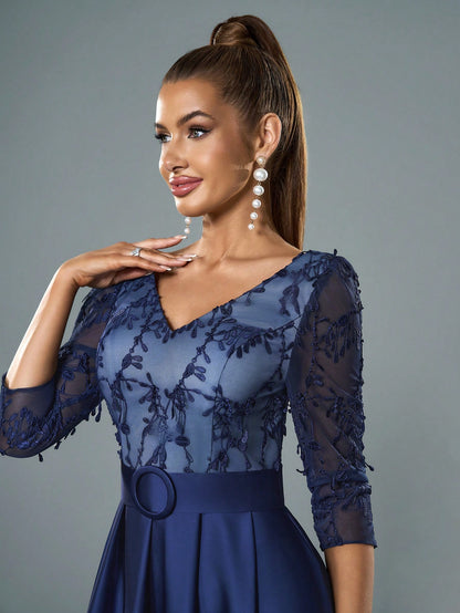 V-Neck Embroidered Lace Mid-Length Sleeve Contrast-Painted Satin Decorative Buttoned Wide-Legged Dress
