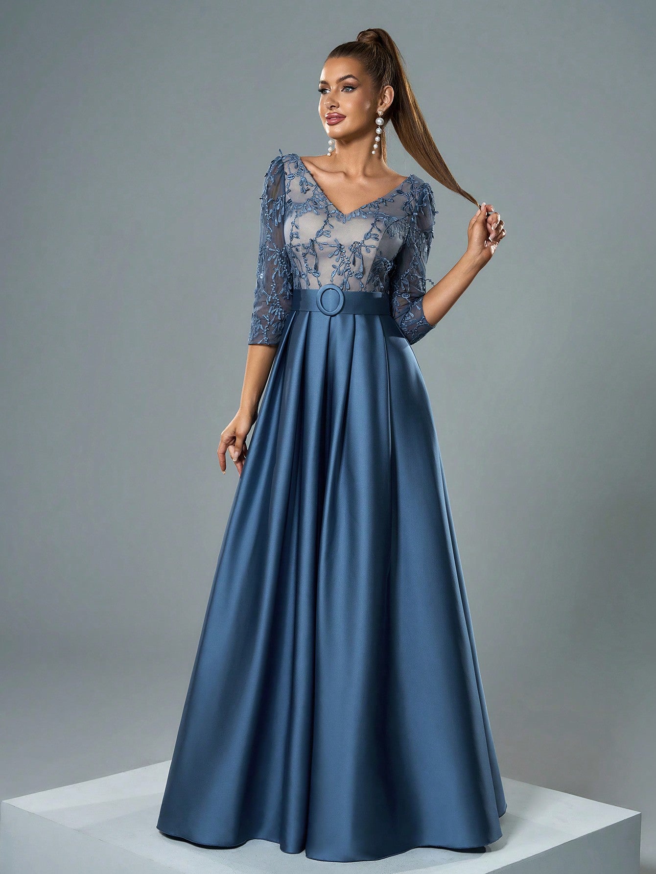 V-Neck Embroidered Lace Mid-Length Sleeve Contrast-Painted Satin Decorative Buttoned Wide-Legged Dress