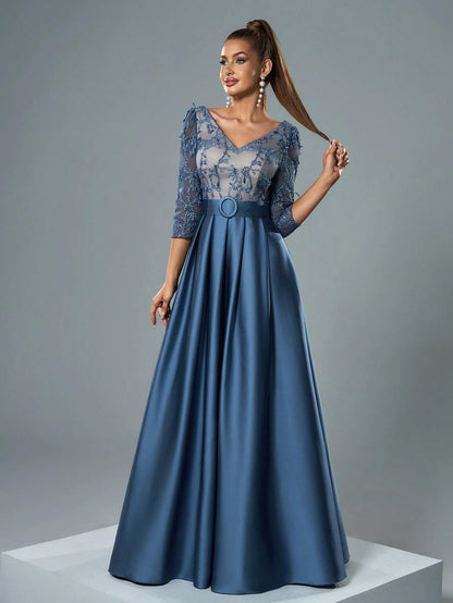 V-Neck Embroidered Lace Mid-Length Sleeve Contrast-Painted Satin Decorative Buttoned Wide-Legged Dress