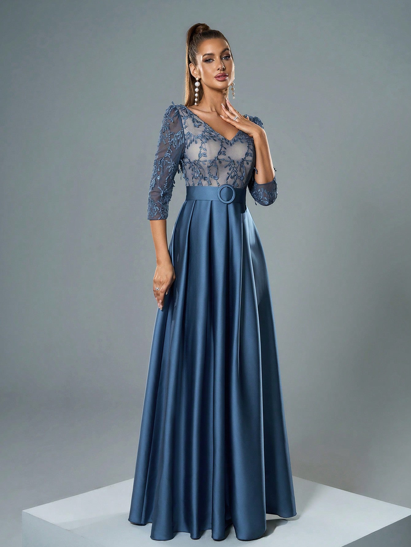 V-Neck Embroidered Lace Mid-Length Sleeve Contrast-Painted Satin Decorative Buttoned Wide-Legged Dress