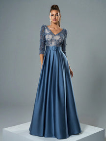 V-Neck Embroidered Lace Mid-Length Sleeve Contrast-Painted Satin Decorative Buttoned Wide-Legged Dress