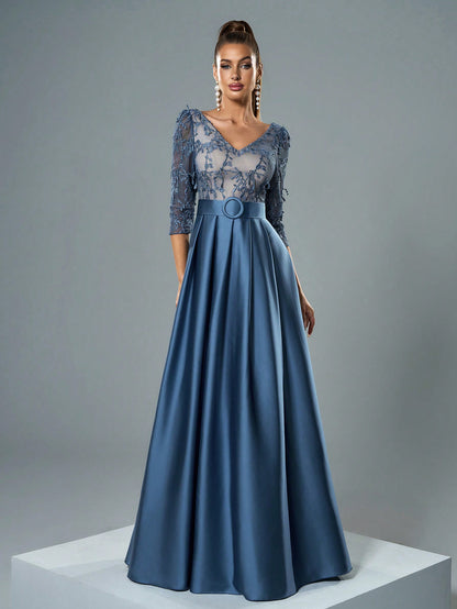 V-Neck Embroidered Lace Mid-Length Sleeve Contrast-Painted Satin Decorative Buttoned Wide-Legged Dress